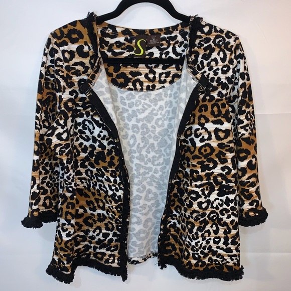 Sportelle Jacket Leopard Animal Print Lined fringe Medium 3/4 sleeve hook & eye - Picture 1 of 7
